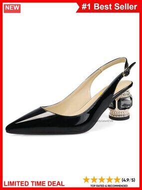 Womens Pointed Toe Slingback Low Block Heel Rhinestone Pumps Dress Shoes